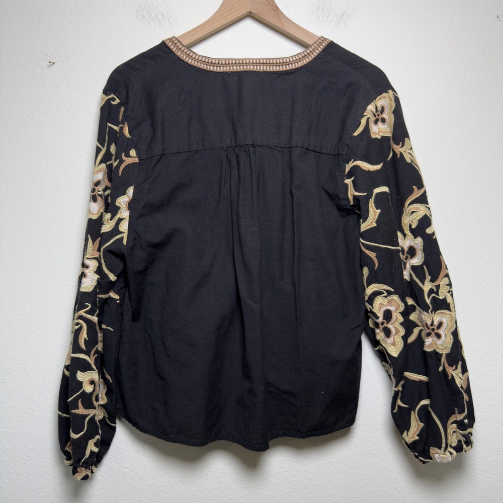 Calypso St. Barth Women Cotton Flax Blouse XL Black Floral Embroidered V-Neck - Picture 6 of 7